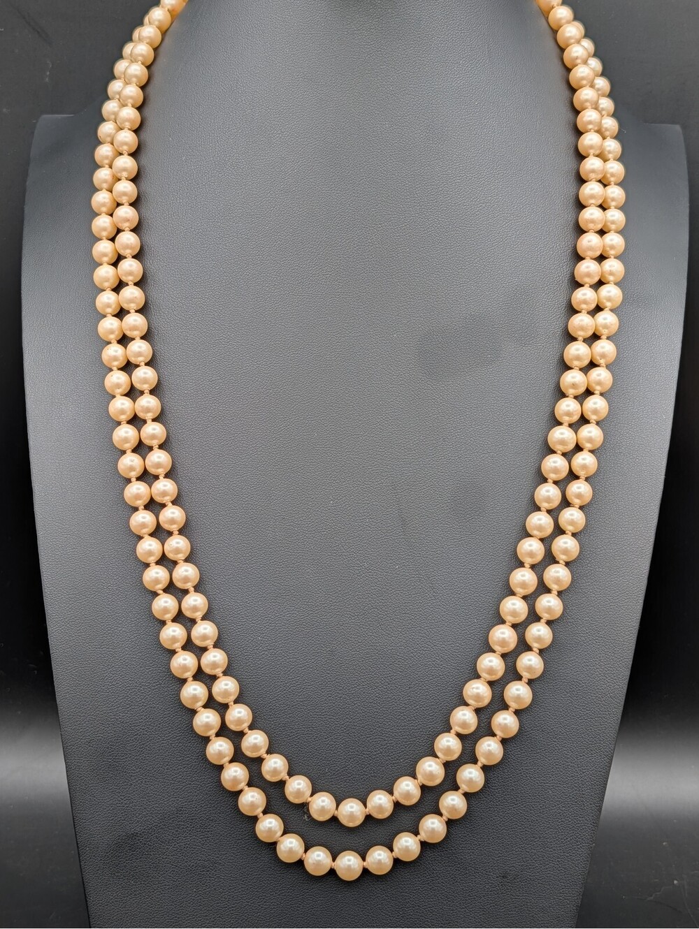 Vintage Hand Knotted Cream Glass Pearl 2 Strand Opera Necklace Floral Clasp 30"